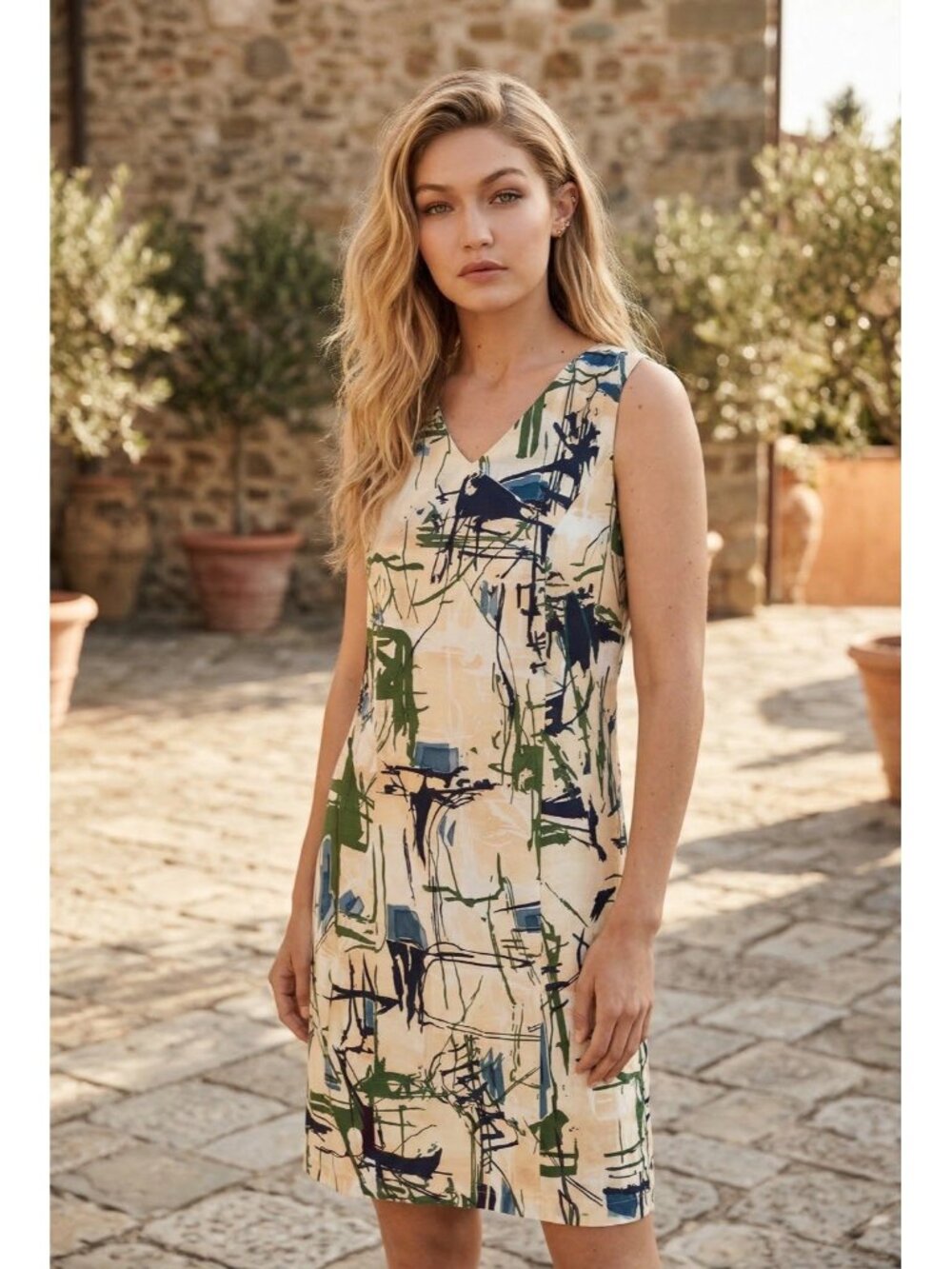 Piazza Sempione Dress XS Abstract Print Shift Sleeveless Neutral Art Chic